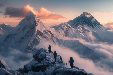 Wall Mural - Trekking to mountain base camp by adventurers