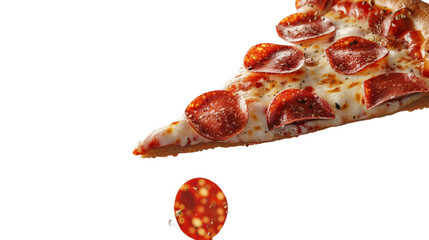 Delicious tasty slice of pepperoni pizza flying on white or transparent background