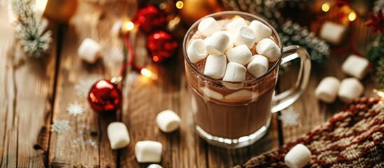 Aufkleber - Cozy Christmas and New Year ambiance with a hot chocolate drink topped with marshmallows presented in a glass mug on a wooden table with winter decor Ideal for a copy space image