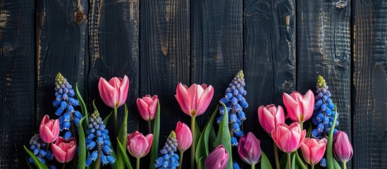 Poster - Close up image of fresh pink tulips and blue hyacinths against a dark aged wooden backdrop with copy space image