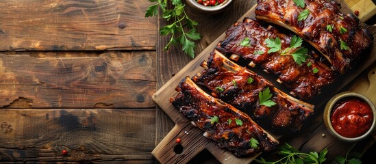 Canvas Print - Top down view of hot and spiced grilled lamb ribs on a wooden table with a cutting board and room for a copy space image