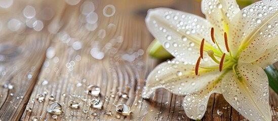 Poster - Close up image of a lily flower with water droplets on a wooden table Focus on the flower with copy space image