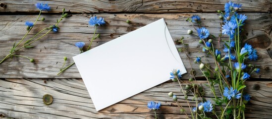 Aufkleber - Creative design with blue wildflowers on rustic wood with blank white greeting card and envelope for copy space image