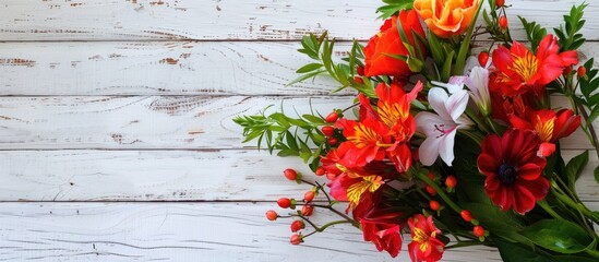 Poster - Top view of a bouquet of fresh flowers Gypsy bells on a white wooden background with copy space image