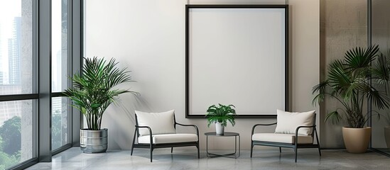 Aufkleber - Contemporary waiting area features two armchairs and a large empty poster on the wall perfect for a copy space image