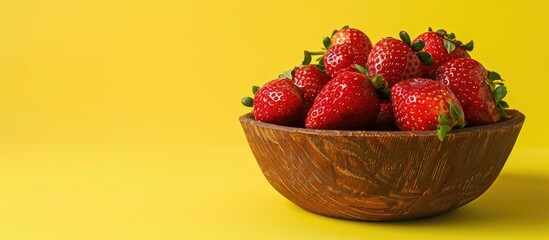 Poster - A clay bowl filled with fresh organic strawberries set against a yellow backdrop offering ample copy space for your own design in the image
