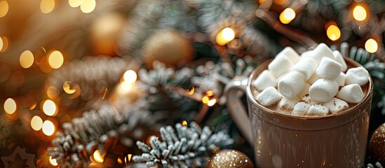 Poster - Christmas themed hot chocolate with marshmallows next to a beautifully decorated Christmas tree branch adorned with festive ornaments set against a blurred background with copy space image