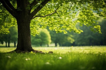 Wall Mural - Green leaves on tree in tranquil meadow green landscape outdoors.