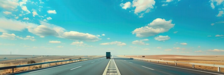 Poster - A semi-truck drives down a highway on a bright, sunny day. White clouds are scattered across the blue sky. Generative AI