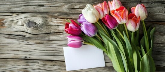 Aufkleber - A bouquet of tulips displayed with an empty paper card on a wooden background with copy space image
