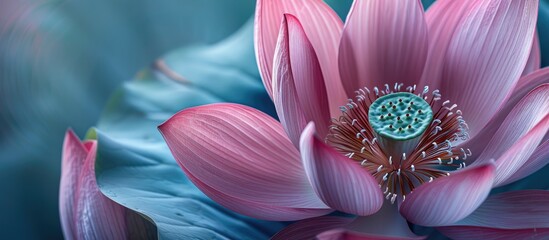 Wall Mural - Close up of a lotus flower showing intricate details against a copy space image