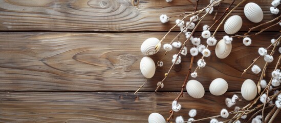 Wall Mural - Bright wooden table decorated with white wooden Easter eggs willow catkin and with space for an image. Creative banner. Copyspace image