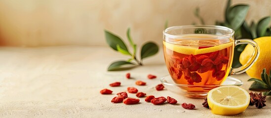 Aufkleber - Close up of a glass cup of refreshing goji tea with lemon on a beige table featuring a copy space image
