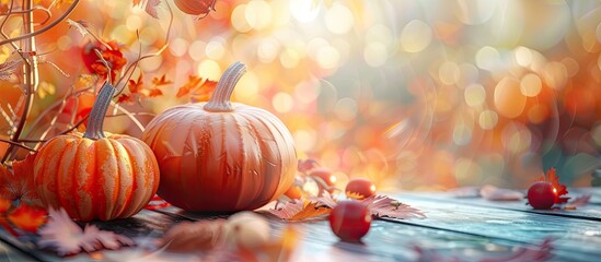 Poster - A bountiful autumn theme with decorative pumpkins symbolizing Thanksgiving and Halloween against a festive backdrop perfect for a copy space image
