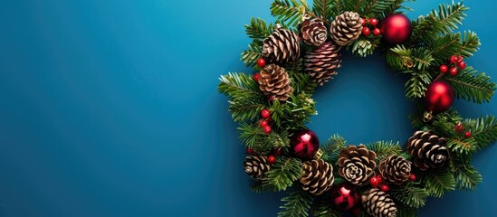Fototapete - Top down view of a festive green Christmas wreath against a bright background symbolizing traditional New Year decorations and providing space for adding text on the image. Creative banner