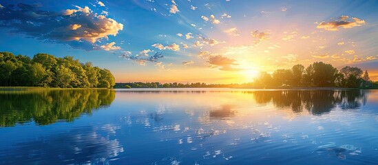 Aufkleber - Beautiful sunset by the serene lake with trees and clouds mirrored on the glassy water against a vivid blue sky ideal for a copy space image