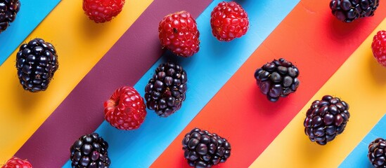 Wall Mural - Blackberries arranged on a colorful background for a flat lay composition with ample copy space image