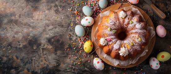 Fototapete - A delightful Easter treat with cake eggs and a rustic backdrop perfect for the holidays Top view image with copy space to showcase this festive dessert