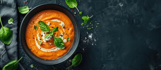 Aufkleber - Delicious carrot cream soup in a bowl displayed for a top view offering a captivating copy space image