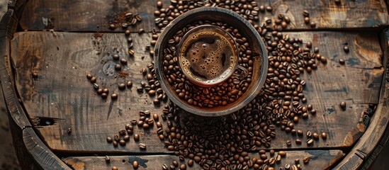 Leinwandbilder - Coffee stained glass rests on a wooden table surrounded by scattered coffee beans offering copy space for an image