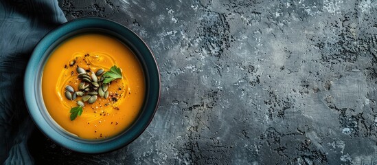 Aufkleber - A blue bowl containing butternut cream soup garnished with seeds presented in a top view on a grey stone background with copy space image