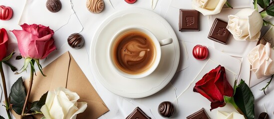Aufkleber - A cup of coffee surrounded by chocolate candies roses and an envelope with a copy space image