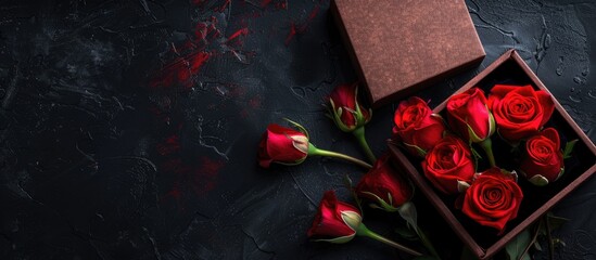 Poster - Top view of a bouquet of red roses and an open brown jewelry box against a black background with a space intended for text or other images in the frame. Creative banner. Copyspace image
