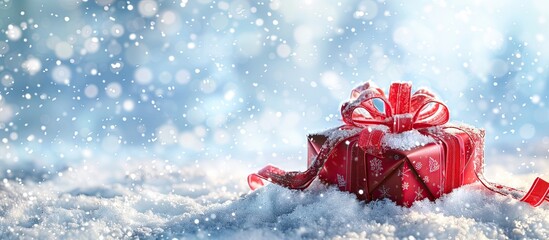 Fototapete - Decorative Christmas present with ribbon and bow on snowy background creating a festive copy space image