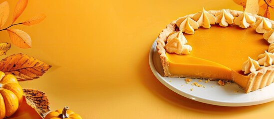 Fototapete - Delicious pumpkin pie displayed on a vibrant background with copy space image