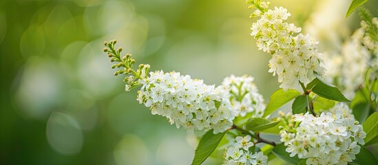 Poster - Blooming white Spiraea Cinerea Grefsheim on a branch against a green backdrop in a spring garden with a bush of white flowers in a home garden featuring green leaves and bushes accompanied by Spirea