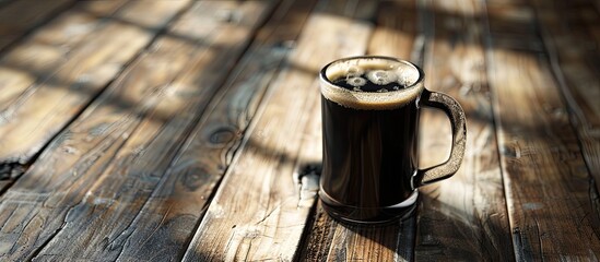 Aufkleber - A black drink in a glass cup is placed on a wooden floor with space for text or images in the background. Creative banner. Copyspace image