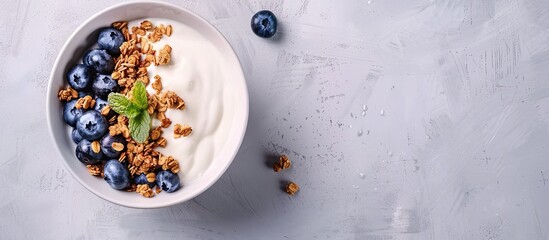 Aufkleber - A bowl with yogurt blueberries and granola is placed on a light grey surface close up view ideal for a copy space image