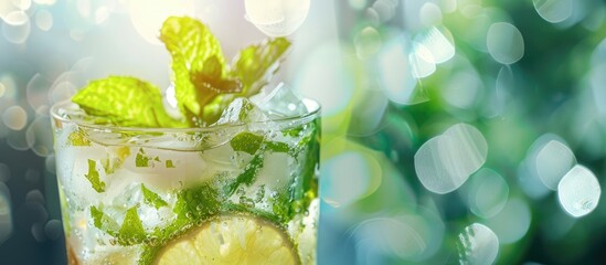 Aufkleber - Close up image of a refreshing mojito cocktail garnished with fresh mint featuring rum lime and soda with copy space image