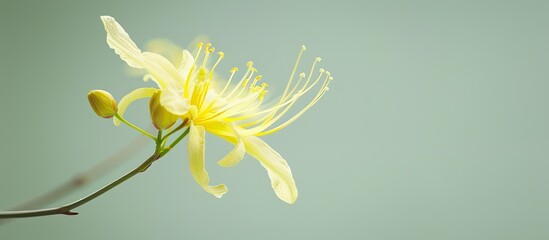 Fototapete - A delicate yellow bloom with slender petals set against a soft light green backdrop perfect for a copy space image