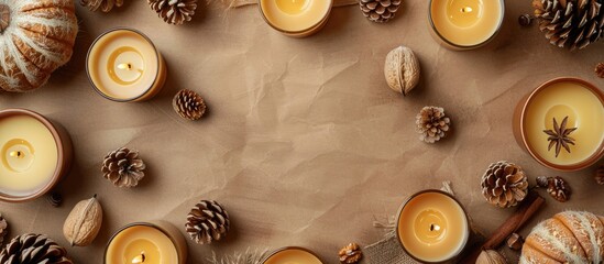 Aufkleber - Craft paper background with autumn themed items like candles walnuts and cones arranged in a flat lay view for Fall and Thanksgiving concepts featuring copy space image