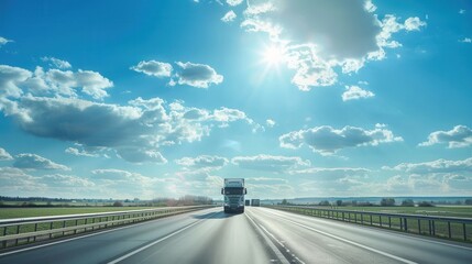 Poster - A white semi-truck drives down a sunny highway on a clear day. The horizon is open and the sky is bright blue with fluffy white clouds. Generative AI