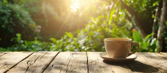 Aufkleber - Coffee cup on a wooden table outdoors set against a natural background in the garden suitable for text placement in the image. Creative banner. Copyspace image