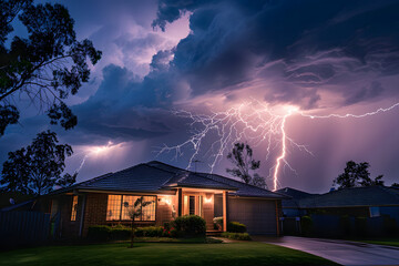 Lightning storm illuminating the skies over a suburban home