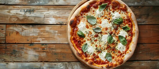 Poster - Top down view of a Margherita pizza on a wooden surface with ample space for text or graphics