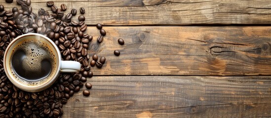 Poster - An aerial view of a steaming cup of coffee surrounded by coffee beans on a wooden surface with copy space in the image