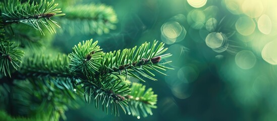 Fototapete - Close up of a fluffy fir tree branch with shallow focus perfect for a Christmas wallpaper concept highlighting copy space image