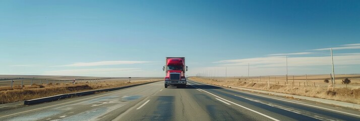Poster - A red semi-truck drives down a long, straight highway with a clear blue sky overhead. Generative AI