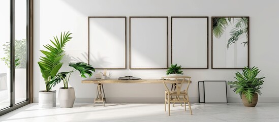 Poster - Brown frames with copy space image are on the empty wall with potted plants on the desk This setup serves as a mock up for interior design and decoration