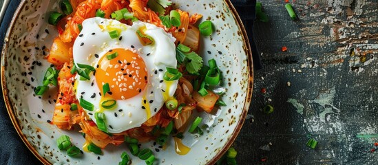 Poster - Delicious Korean dish with a poached egg and Kimchi ready to eat on a plate with a captivating copy space image