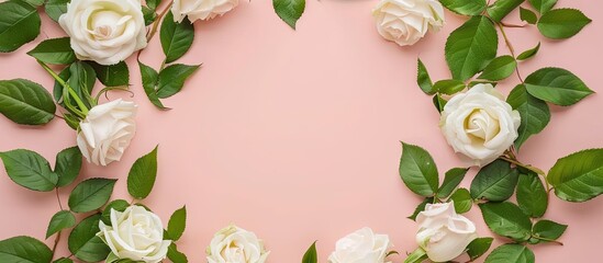 Aufkleber - Circular frame with white roses and green leaves on a soft pink backdrop for a flat lay top view suitable for a copy space image like a flower card or greeting for Women s Day celebrations
