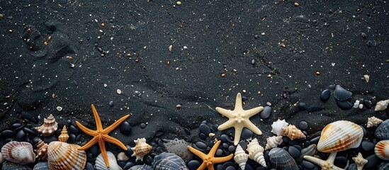 Aufkleber - A beach with dark volcanic sand incorporating seashells and starfish with a backdrop perfect for a copy space image