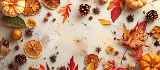 Aufkleber - Autumn themed arrangement with dried leaves and various decor elements on a table presented in a top view flat lay style with copy space image
