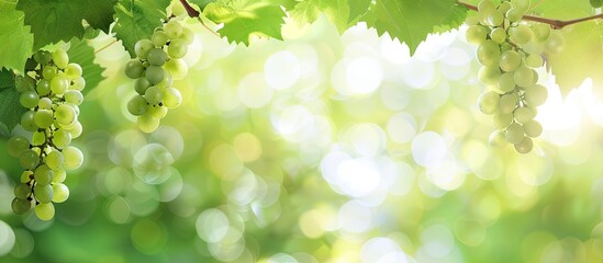 Poster - Blurred background with green grapes and leaves showcasing a serene copy space image