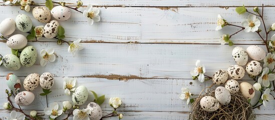 Aufkleber - A charming Easter themed backdrop with blooming flowers and a nest filled with eggs set against white wooden boards ideal for showcasing in a copy space image