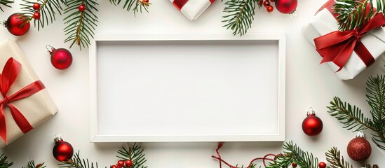Aufkleber - A close up white framed Christmas decoration with a gift on a white background perfect for including text in the image. Creative banner. Copyspace image